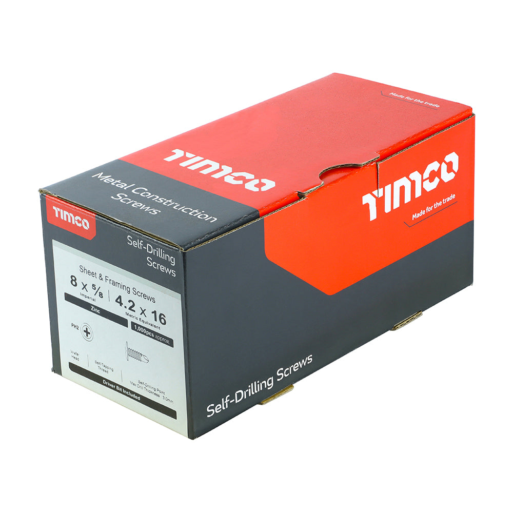 TIMCO Metal Construction Sheet & Framing Screws, PH, Wafer, Self-Drilling, Zinc, 4.2 x 16, Box of 1,000