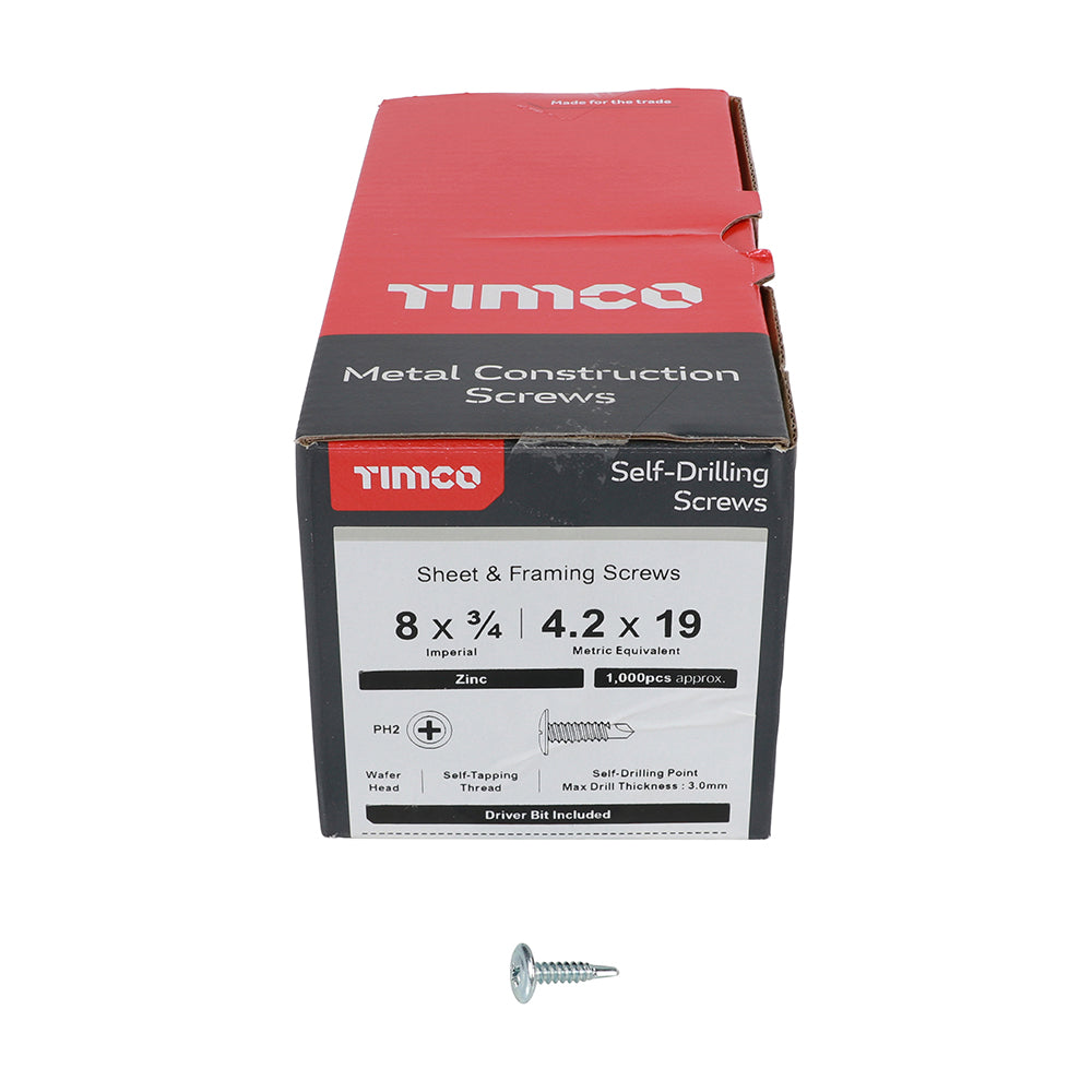 TIMCO Metal Construction Sheet & Framing Screws, PH, Wafer, Self-Drilling, Zinc, 4.2 x 19, Box of 1,000