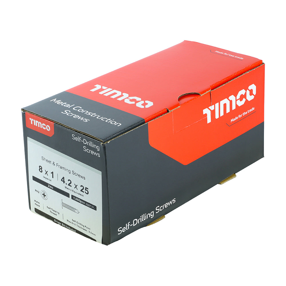 TIMCO Metal Construction Sheet & Framing Screws, PH, Wafer, Self-Drilling, Zinc, 4.2 x 25, Box of 1,000