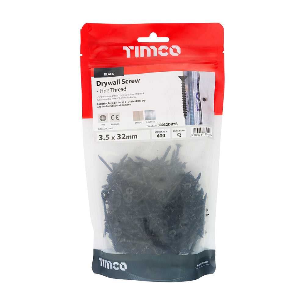 TIMCO Drywall Screws, Fine Thread, PH, Bugle, Black, 3.5 x 32, Bag of 400