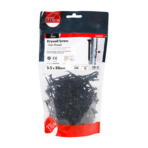 TIMCO Drywall Screws, Fine Thread, PH, Bugle, Black, 3.5 x 50, Bag of 250