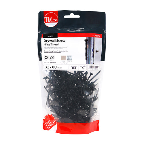 TIMCO Drywall Screws, Fine Thread, PH, Bugle, Black, 3.5 x 60, Bag of 200