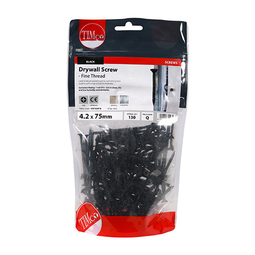 TIMCO Drywall Screws, Fine Thread, PH, Bugle, Black, 4.2 x 75, Bag of 130
