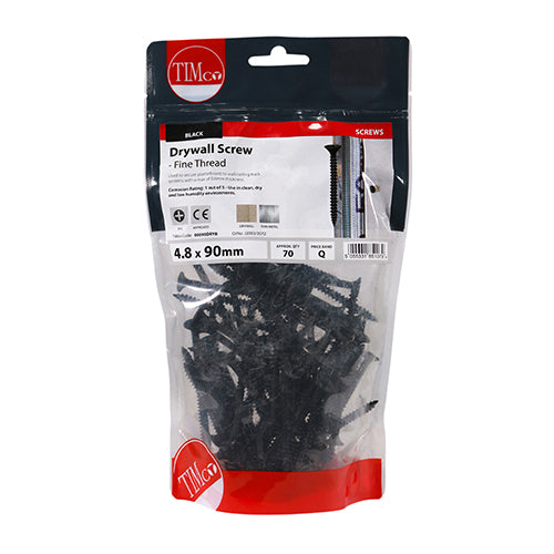 TIMCO Drywall Screws, Fine Thread, PH, Bugle, Black, 4.8 x 90, Bag of 70