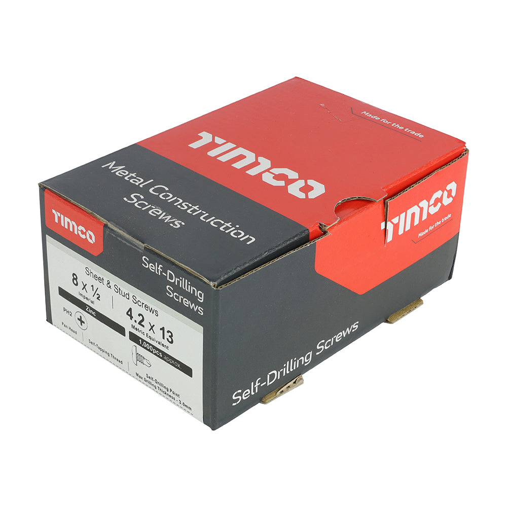 TIMCO Metal Construction Sheet & Stud Screws, PH, Pan, Self-Drilling, Zinc, 8 x 1/2, Box of 1,000