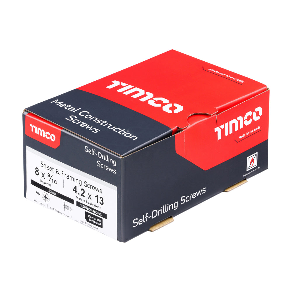 TIMCO Metal Construction Sheet & Framing Screws, PH, Wafer, Self-Drilling, Zinc, 8 x 9/16, Box of 1,000