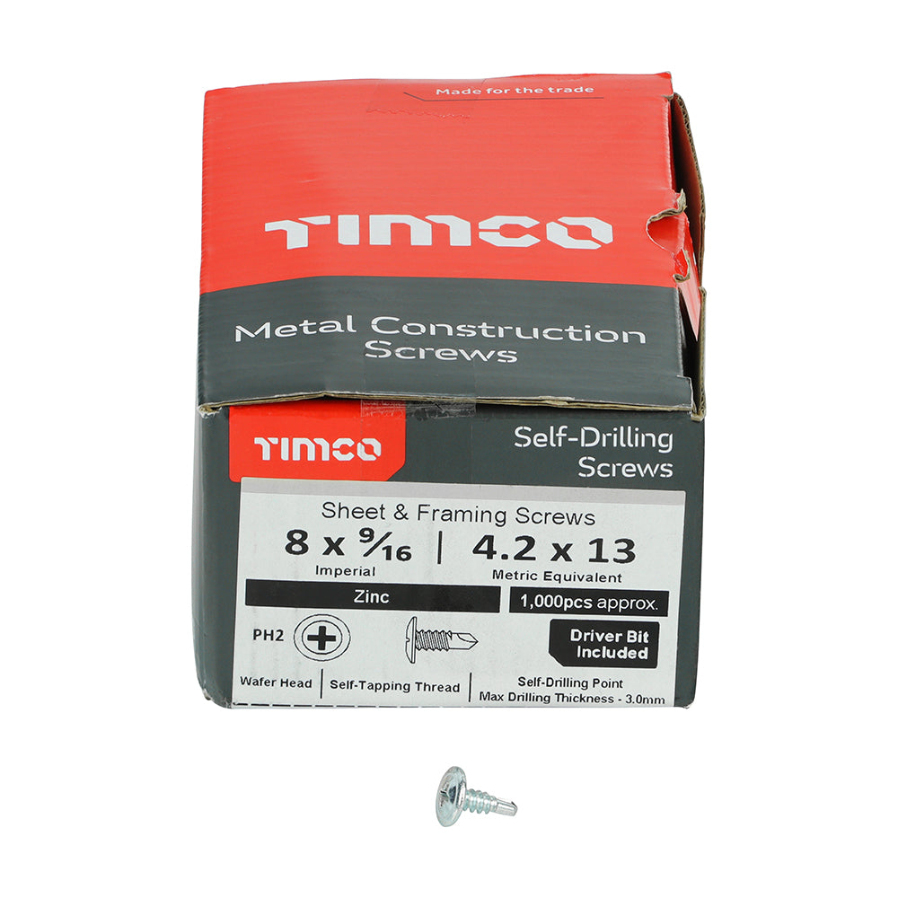 TIMCO Metal Construction Sheet & Framing Screws, PH, Wafer, Self-Drilling, Zinc, 8 x 9/16, Box of 1,000