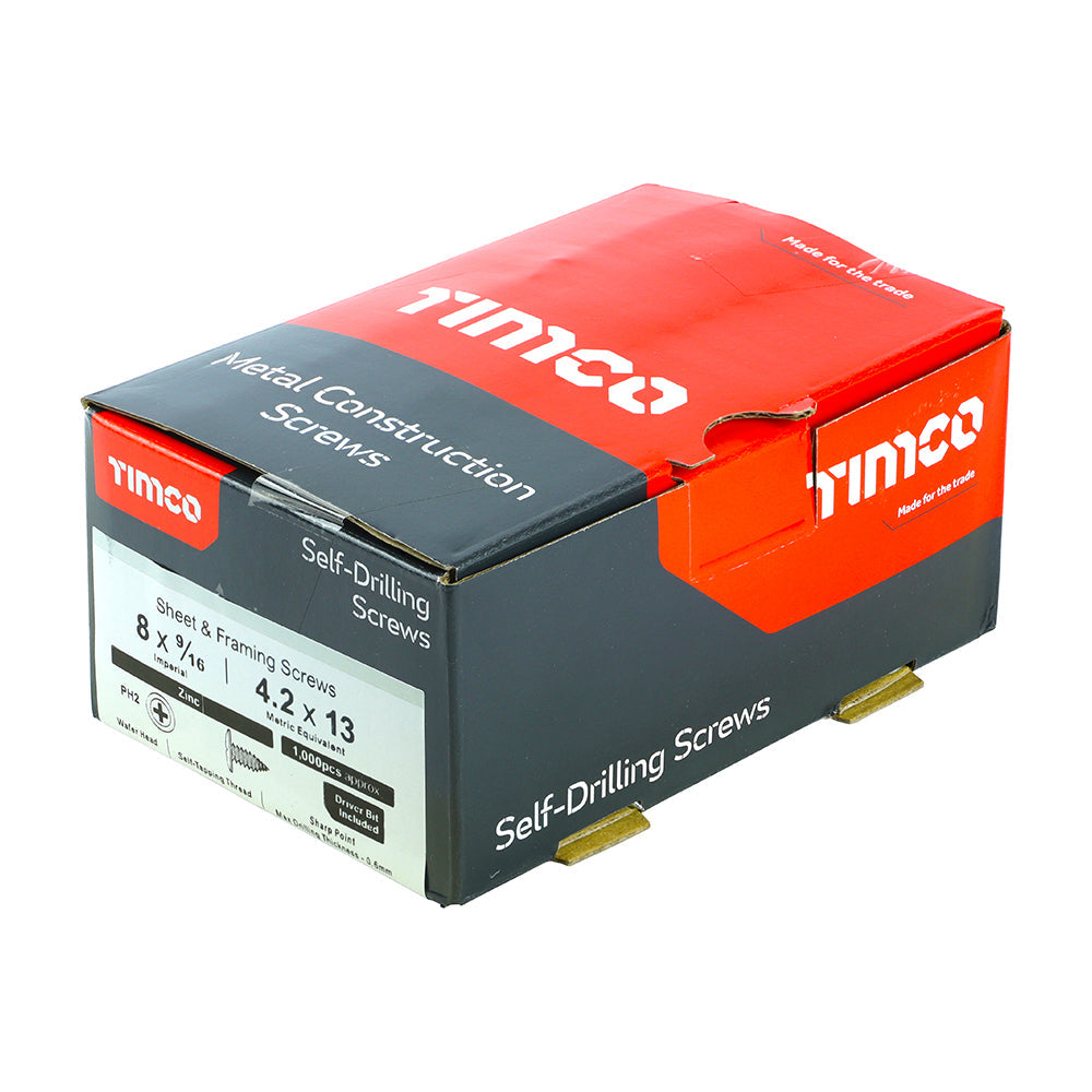 TIMCO Metal Construction Sheet & Framing Screws, PH, Wafer, Sharp Point, Zinc, 8 x 9/16, Box of 1,000