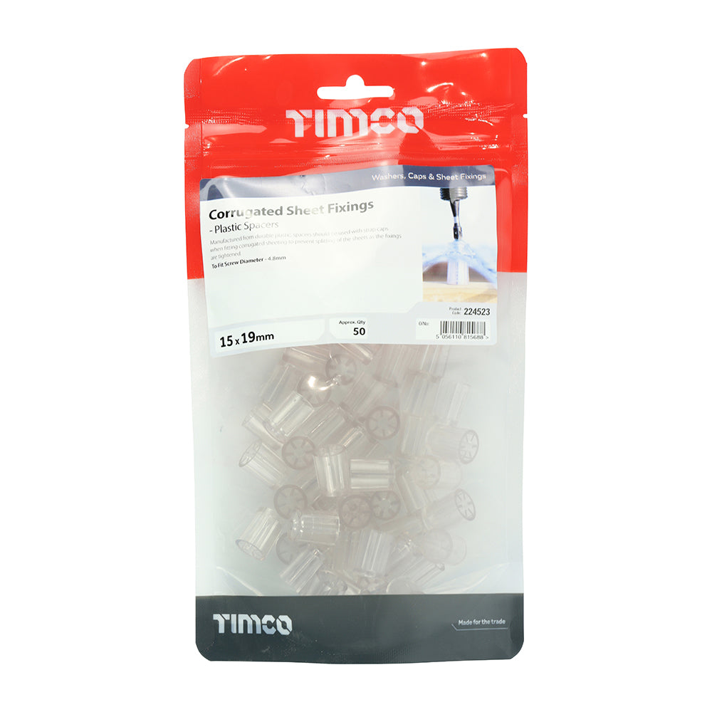 TIMCO Spacers, For Corrugated Sheet Fixings, Clear, 15.0 x 19, Bag of 50