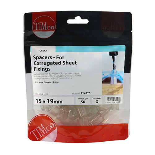 TIMCO Spacers, For Corrugated Sheet Fixings, Clear, 15.0 x 19, Bag of 50