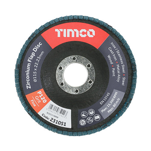 TIMCO Set of Flap Discs, Zirconium, Type 29 Conical, P120 Grit, 115 x 22.23, Box of 10