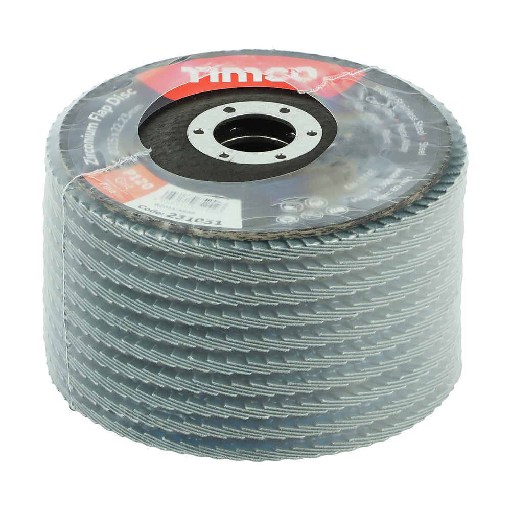 TIMCO Set of Flap Discs, Zirconium, Type 29 Conical, P120 Grit, 115 x 22.23, Box of 10