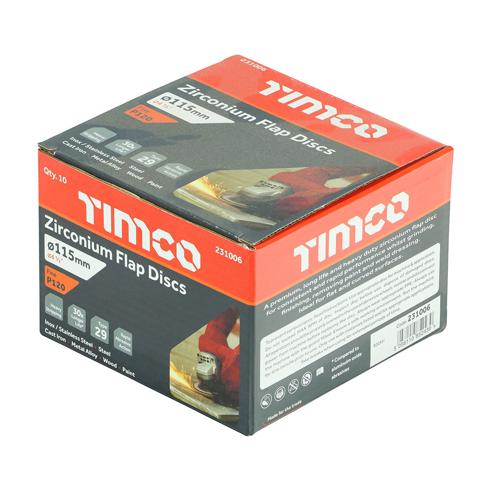 TIMCO Set of Flap Discs, Zirconium, Type 29 Conical, P120 Grit, 115 x 22.23, Box of 10