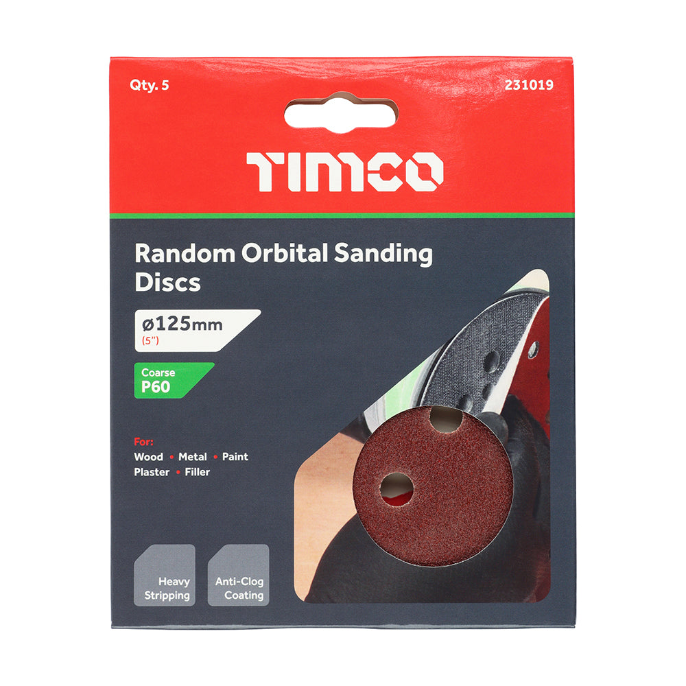 TIMCO Random Orbital Sanding Discs, 60 Grit, Red, 125mm, Pack of 5