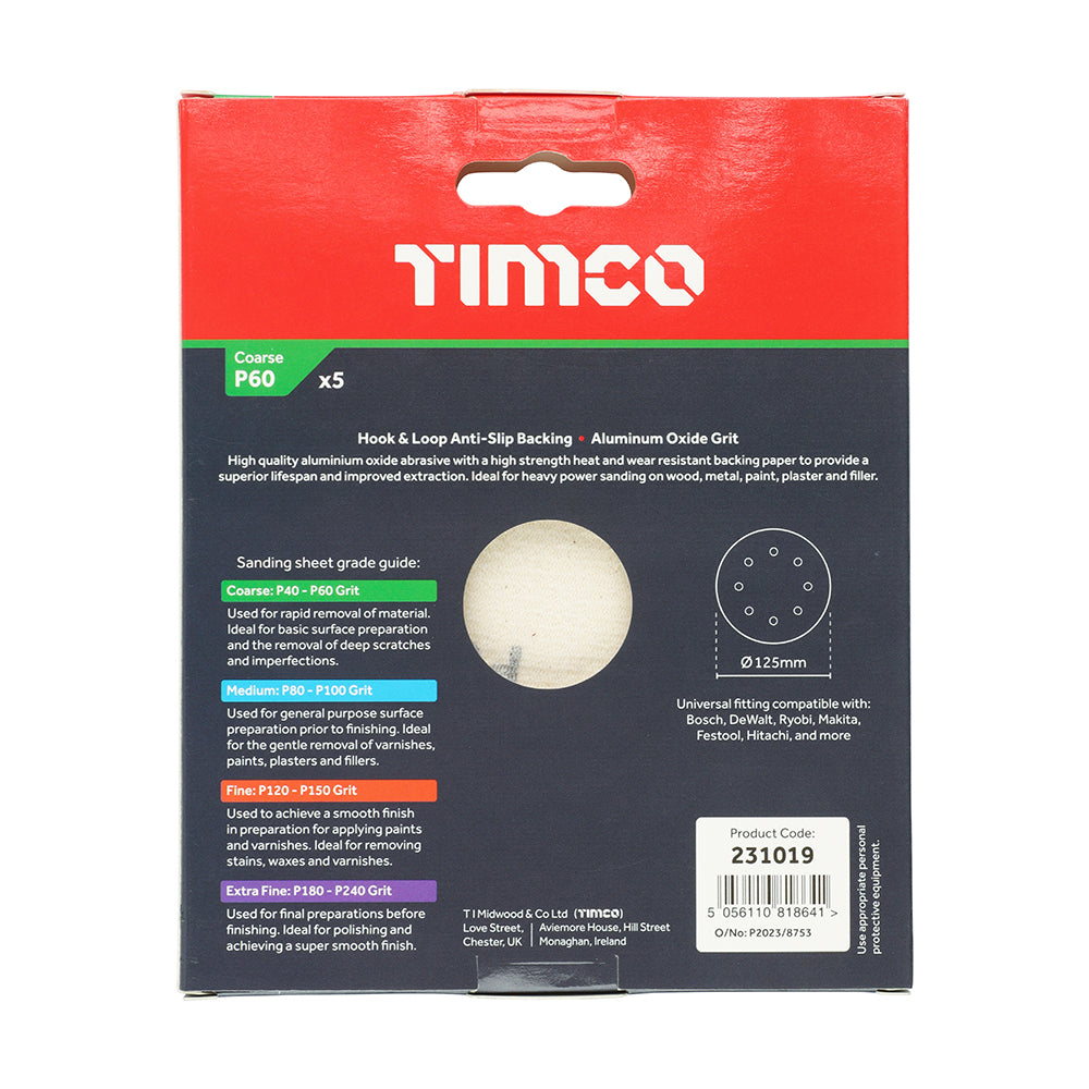 TIMCO Random Orbital Sanding Discs, 60 Grit, Red, 125mm, Pack of 5