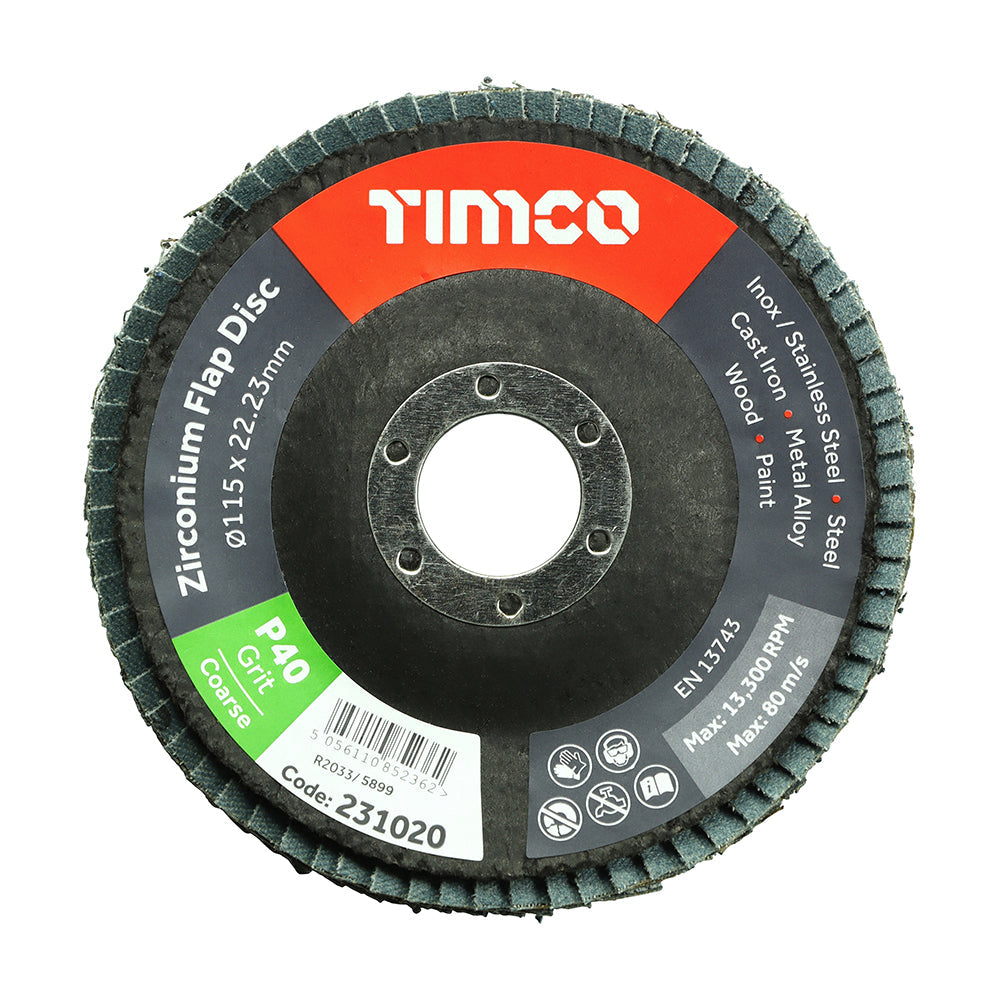 TIMCO Flap Disc, Zirconium, Type 29 Conical, P40 Grit, 115 x 22.23