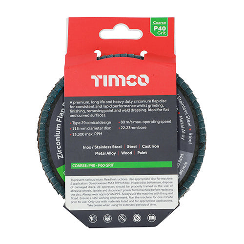 TIMCO Flap Disc, Zirconium, Type 29 Conical, P40 Grit, 115 x 22.23