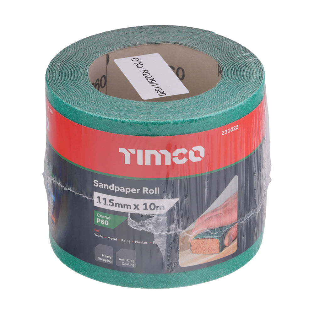 TIMCO Sandpaper Roll, 60 Grit, Green, 115mm x 10m