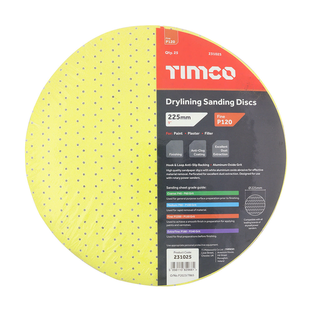 TIMCO Drylining Sanding Discs, 120 Grit, Yellow, 225mm, Pack of 25