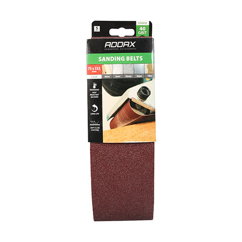 TIMCO Sanding Belts, 40 Grit, Red, 75 x 533mm, Pack of 5