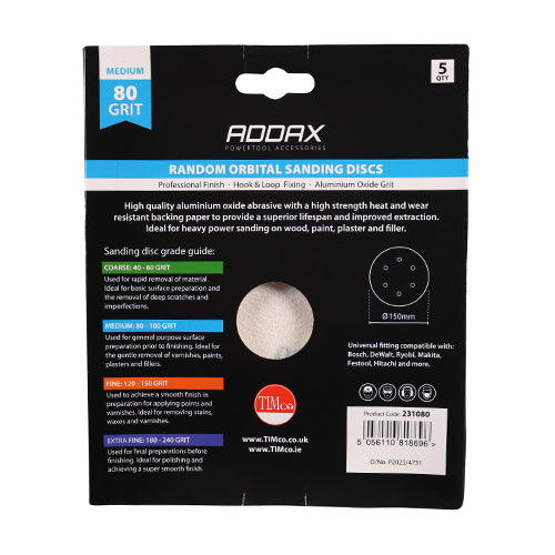 TIMCO Random Orbital Sanding Discs, 80 Grit, Red, 150mm, Pack of 5