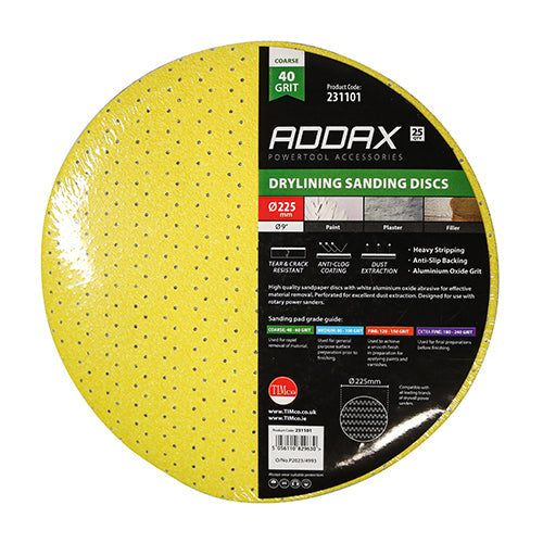 TIMCO Drylining Sanding Discs, 40 Grit, Yellow, 225mm, Pack of 25