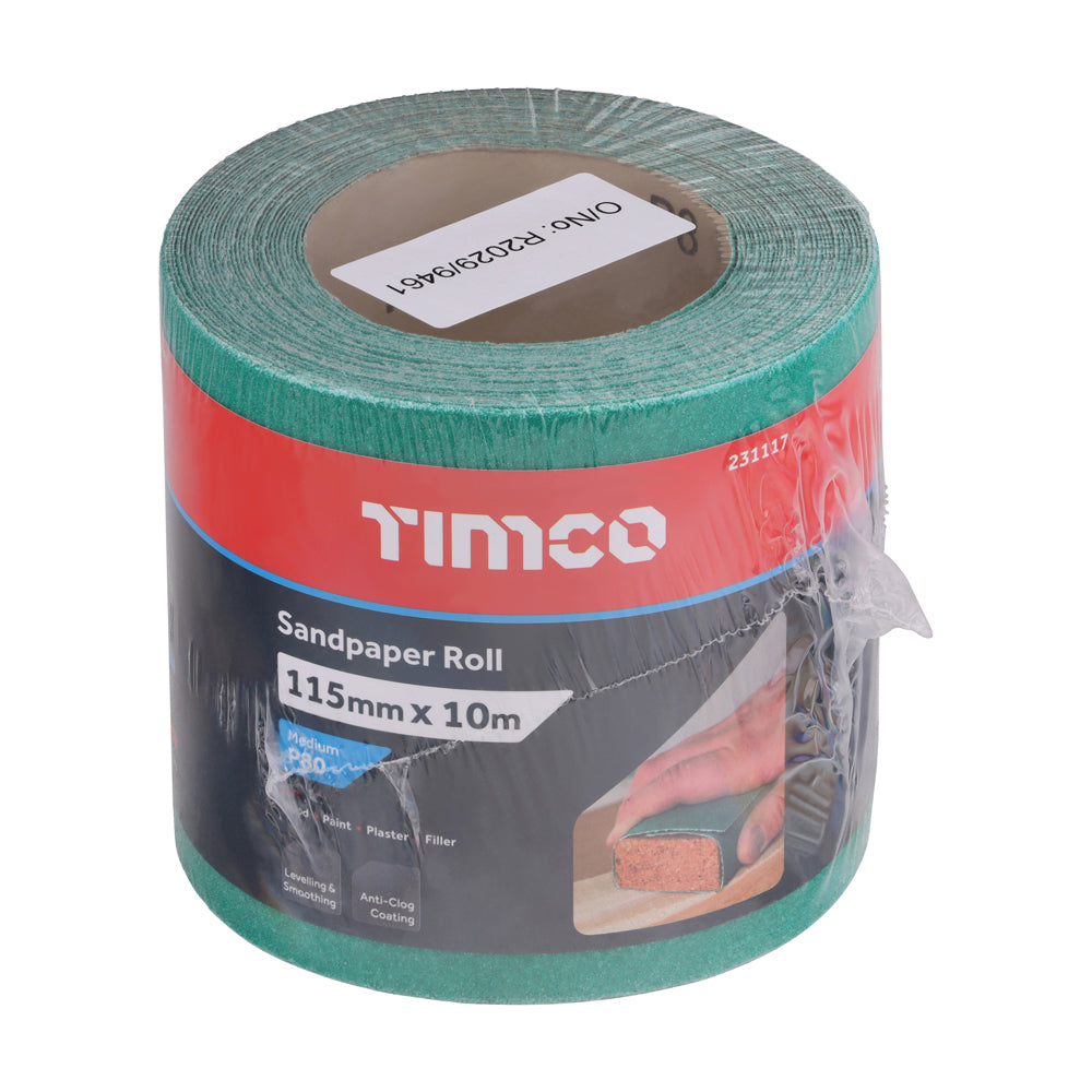 TIMCO Sandpaper Roll, 80 Grit, Green, 115mm x 10m