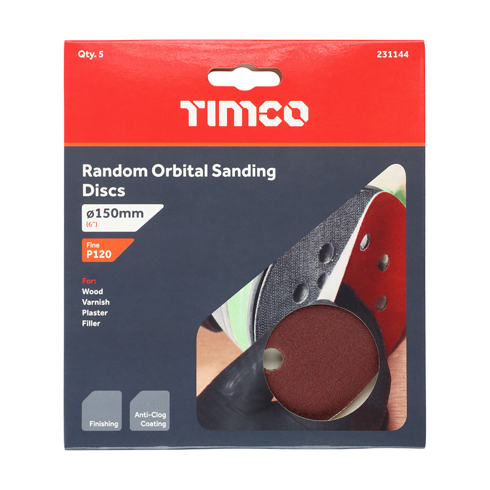 TIMCO Random Orbital Sanding Discs, 120 Grit, Red, 150mm, Pack of 5