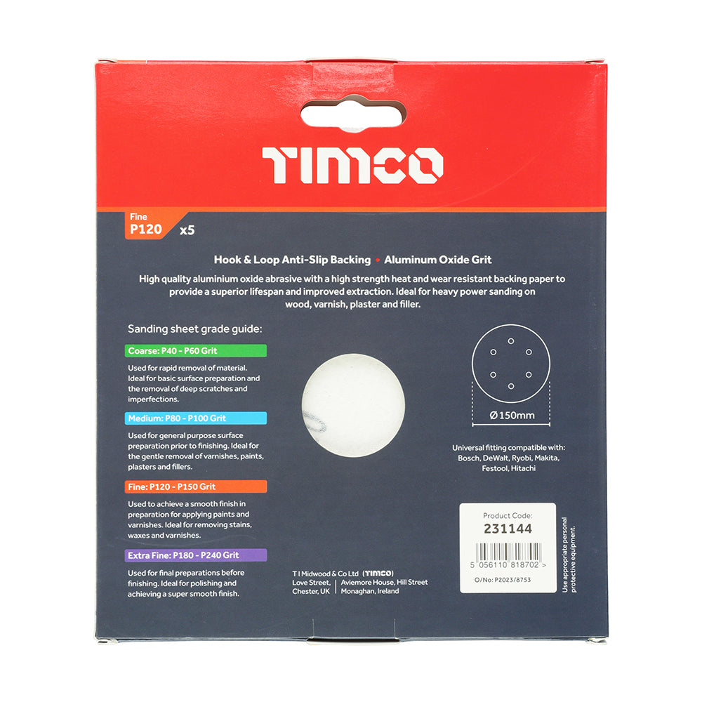 TIMCO Random Orbital Sanding Discs, 120 Grit, Red, 150mm, Pack of 5