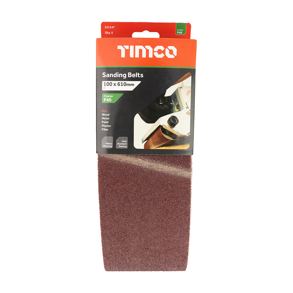 TIMCO Sanding Belts, 40 Grit, Red, 100 x 610mm, Pack of 5