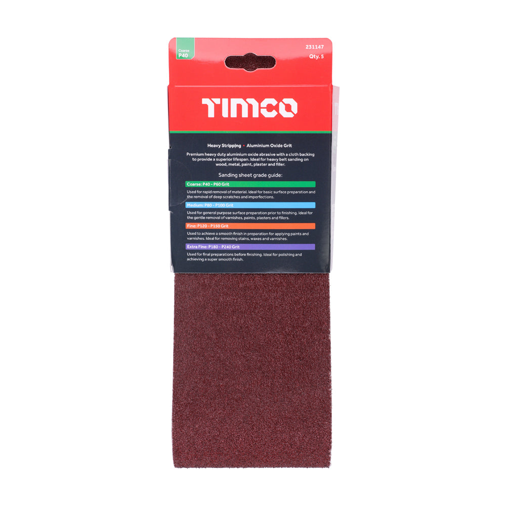 TIMCO Sanding Belts, 40 Grit, Red, 100 x 610mm, Pack of 5