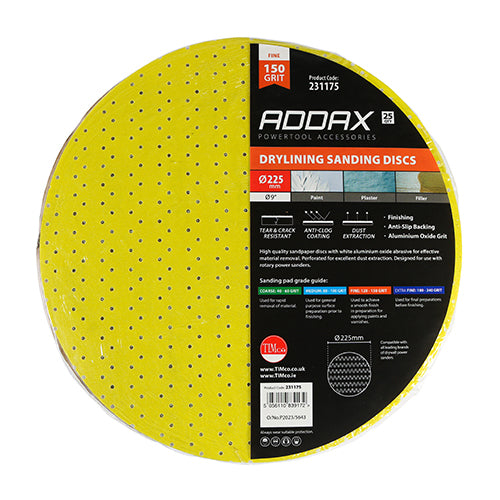 TIMCO Drylining Sanding Discs, 150 Grit, Yellow, 225mm, Pack of 25