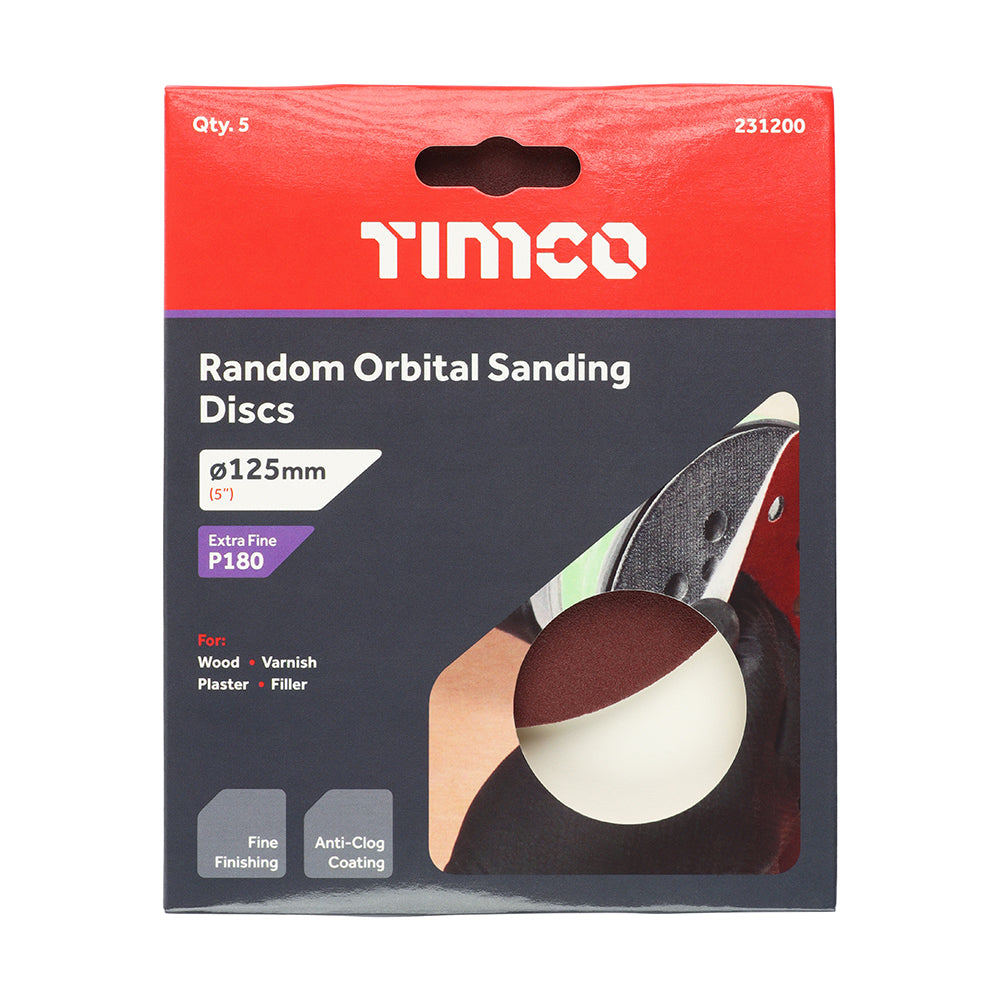 TIMCO Random Orbital Sanding Discs, 180 Grit, Red, 125mm, Pack of 5