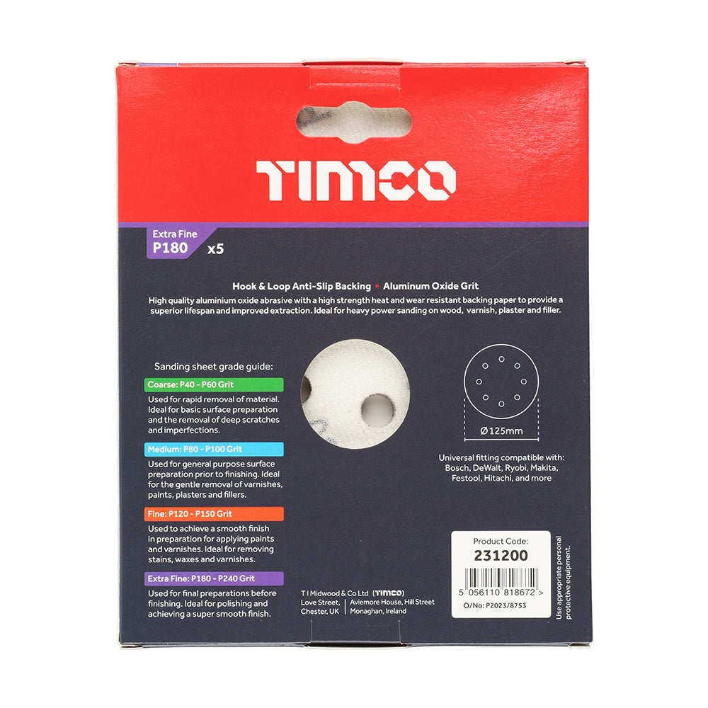 TIMCO Random Orbital Sanding Discs, 180 Grit, Red, 125mm, Pack of 5