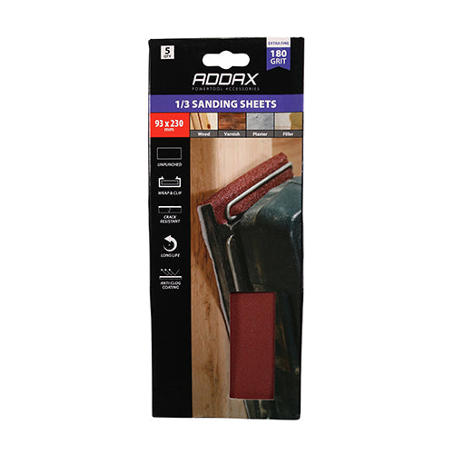 TIMCO 1/3 Sanding Sheets, 180 Grit, Red, Unpunched, 93 x 230mm, Pack of 5