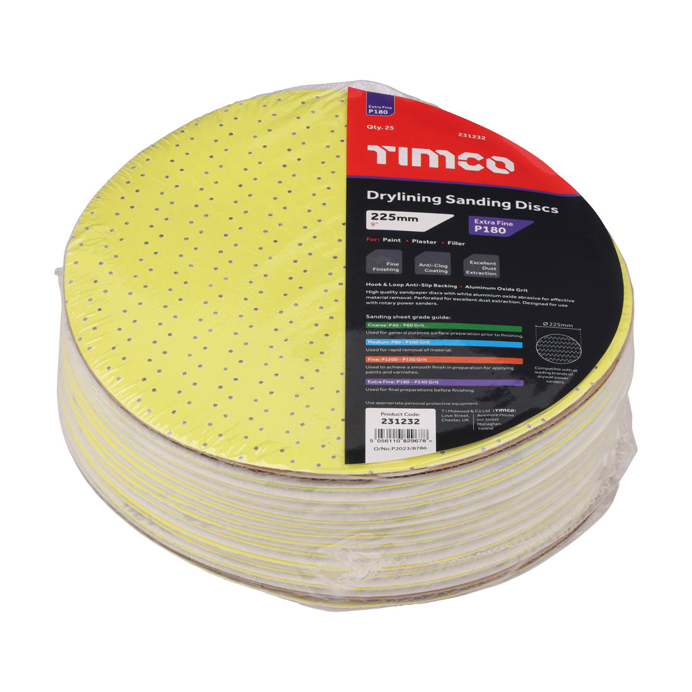 TIMCO Drylining Sanding Discs, 180 Grit, Yellow, 225mm, Pack of 25