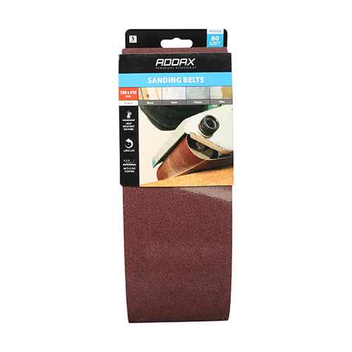 TIMCO Sanding Belts, 80 Grit, Red, 100 x 610mm, Pack of 5