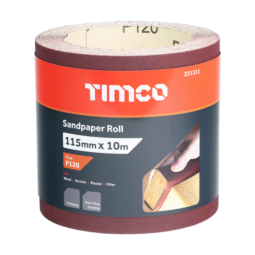 TIMCO Sandpaper Roll, 120 Grit, Red, 115mm x 10m