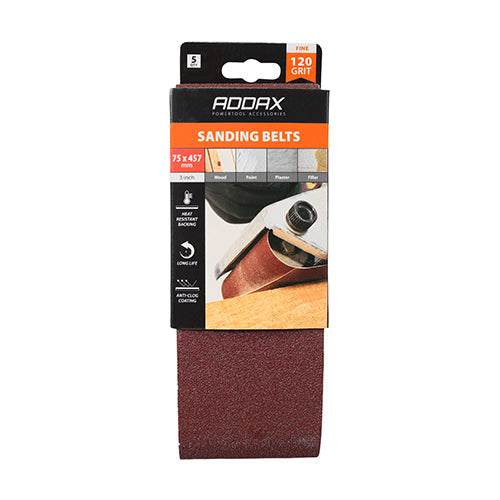 TIMCO Sanding Belts, 120 Grit, Red, 75 x 457mm, Pack of 5