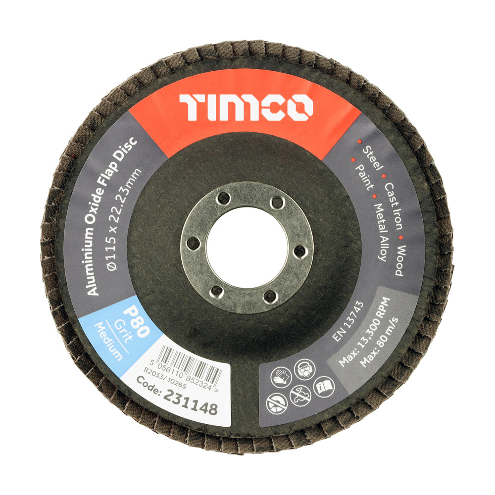 TIMCO Set of Flap Discs, Aluminium Oxide, Type 29 Conical, 80 Grit, 115 x 22.23, Pack of 10