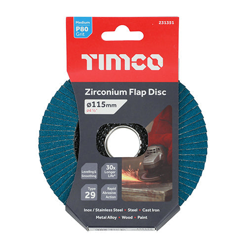 TIMCO Flap Disc, Zirconium, Type 29 Conical, P80 Grit, 115 x 22.23