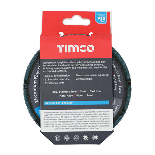 TIMCO Flap Disc, Zirconium, Type 29 Conical, P80 Grit, 115 x 22.23