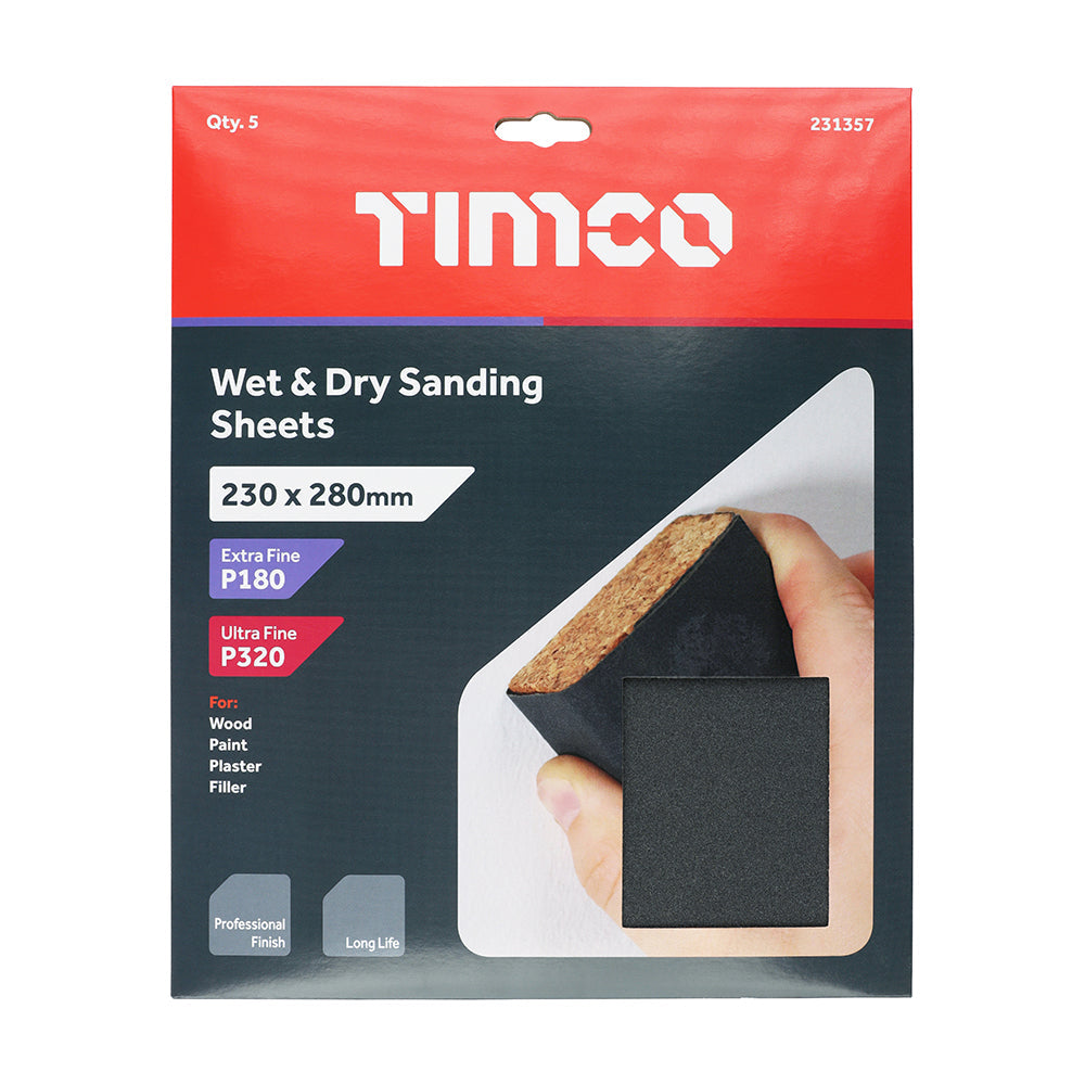 TIMCO Wet & Dry Sanding Sheets, Mixed, Black, 230 x 280mm (180/320), Pack of 5