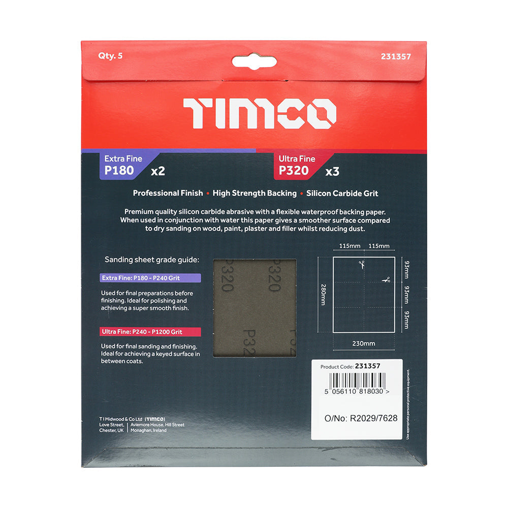 TIMCO Wet & Dry Sanding Sheets, Mixed, Black, 230 x 280mm (180/320), Pack of 5