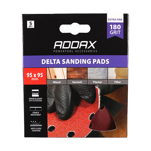 TIMCO Delta Sanding Pads, 180 Grit, Red, 95 x 95mm, Pack of 5