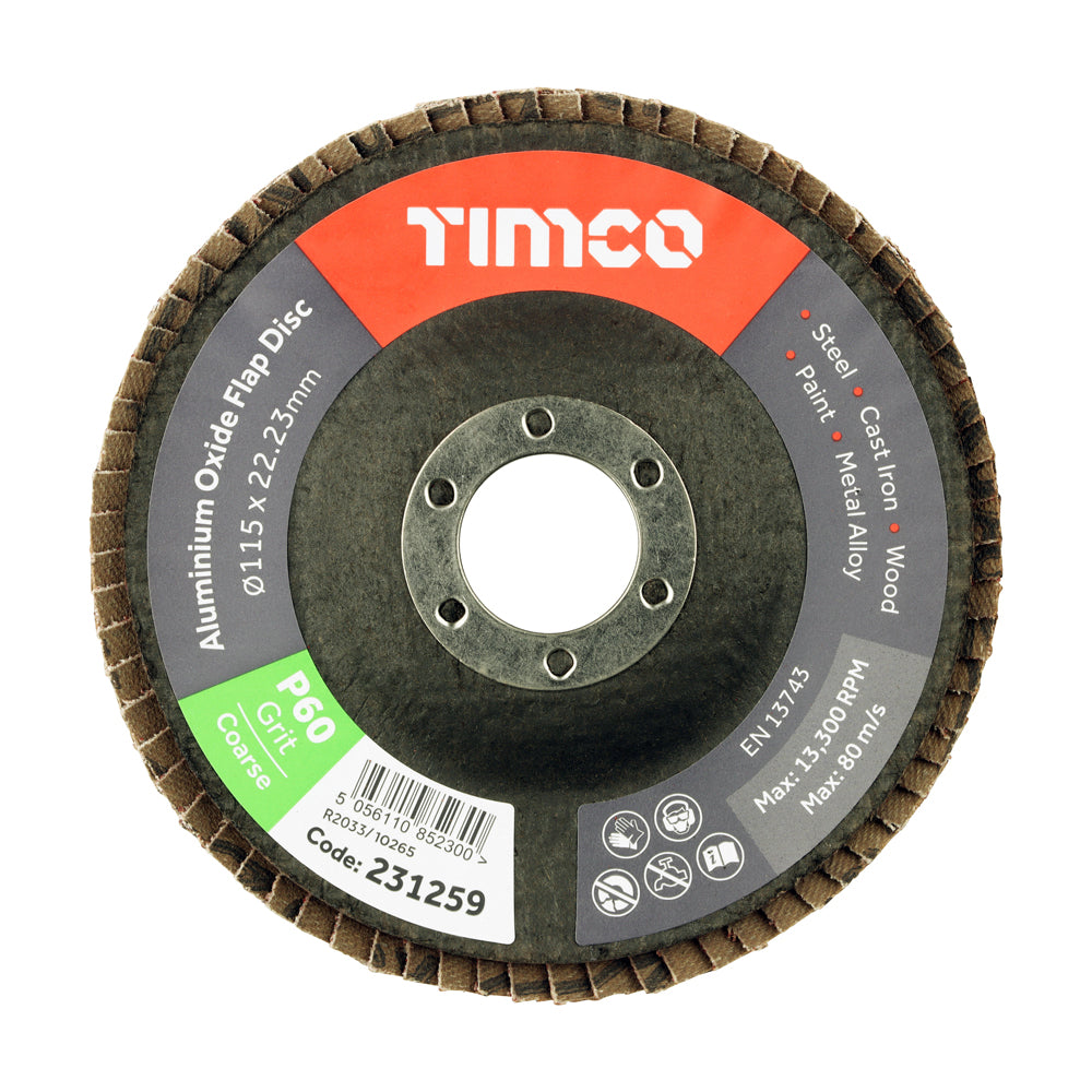 TIMCO Set of Flap Discs, Aluminium Oxide, Type 29 Conical, 60 Grit, 115 x 22.23, Pack of 10