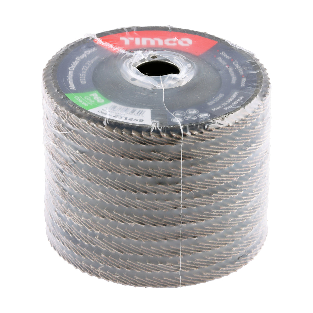 TIMCO Set of Flap Discs, Aluminium Oxide, Type 29 Conical, 60 Grit, 115 x 22.23, Pack of 10
