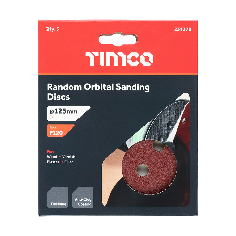 TIMCO Random Orbital Sanding Discs, 120 Grit, Red, 125mm, Pack of 5