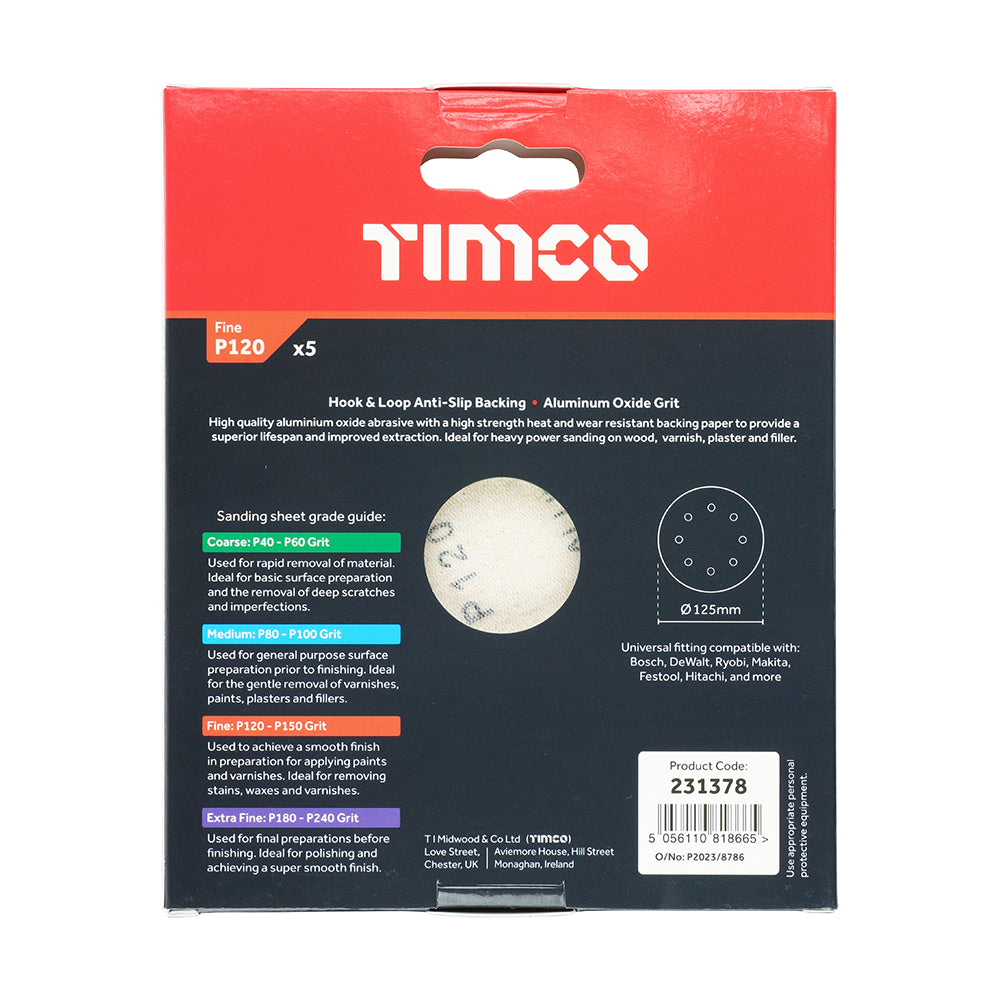 TIMCO Random Orbital Sanding Discs, 120 Grit, Red, 125mm, Pack of 5