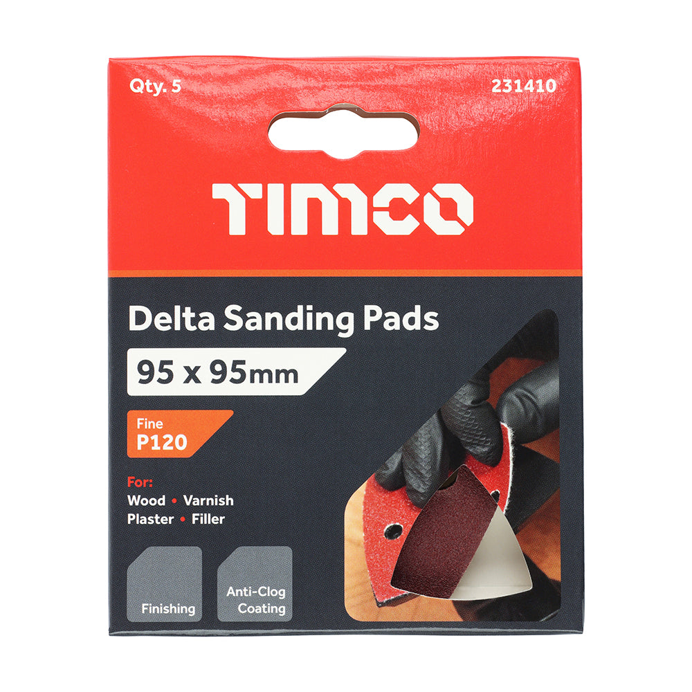 TIMCO Delta Sanding Pads, 120 Grit, Red, 95 x 95mm, Pack of 5